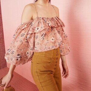 ULLA JOHNSON Coline Silk Off Shoulder Floral Ruffle Boho Preppy Blouse size 2